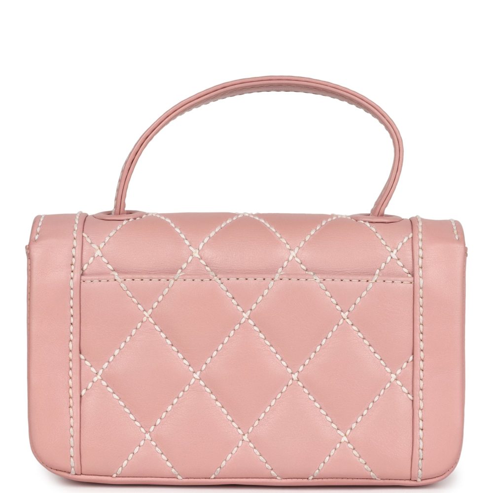 Vintage Chanel Mini Wild Stitch Surpique Top Handle Flap Bag Pink Calfskin Gold Hardware - Image 4