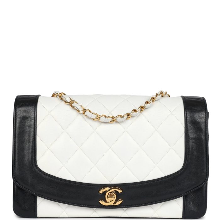 Vintage Chanel Medium Diana Flap Bag White and Black Lambskin Gold Hardware