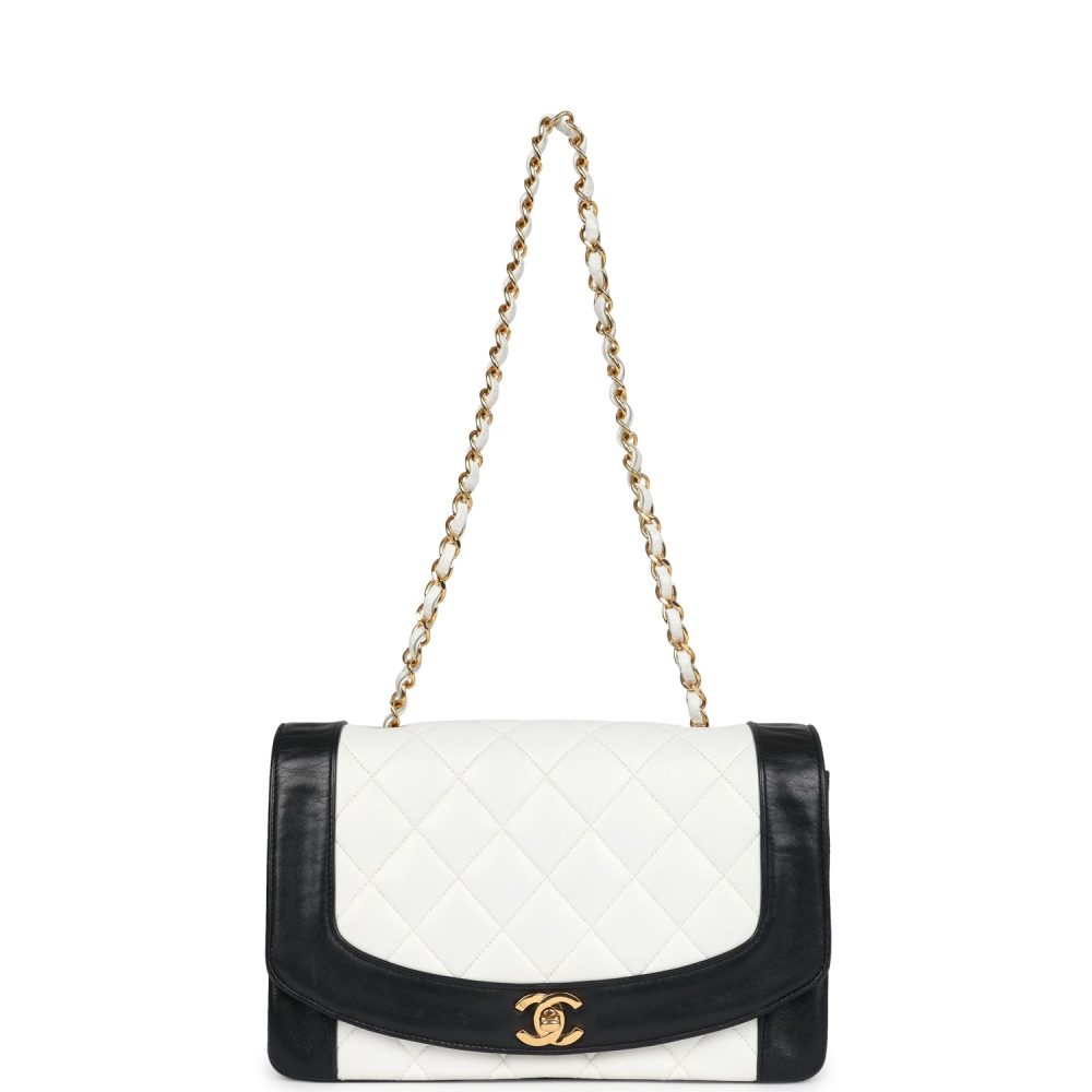 Vintage Chanel Medium Diana Flap Bag White and Black Lambskin Gold Hardware - Image 7