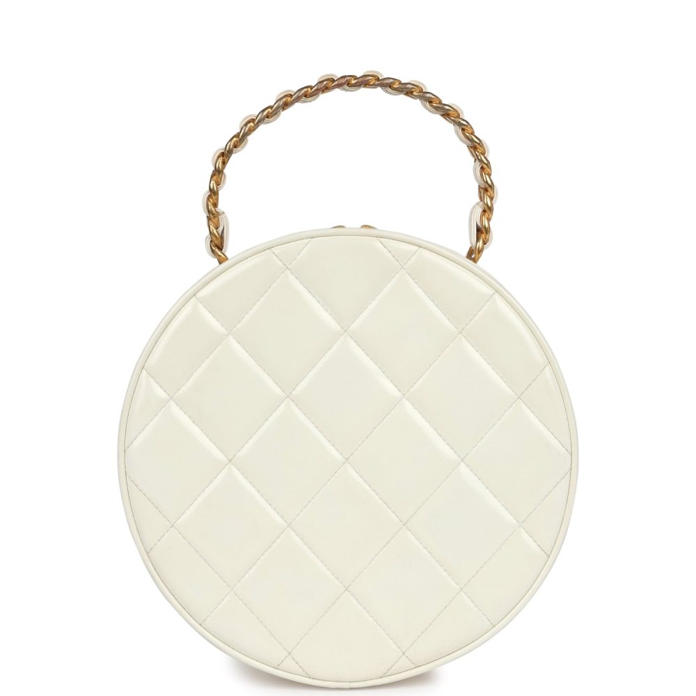 Vintage Chanel Round Vanity Bag White and Black Patent Leather Antique Gold Hardware - Image 4