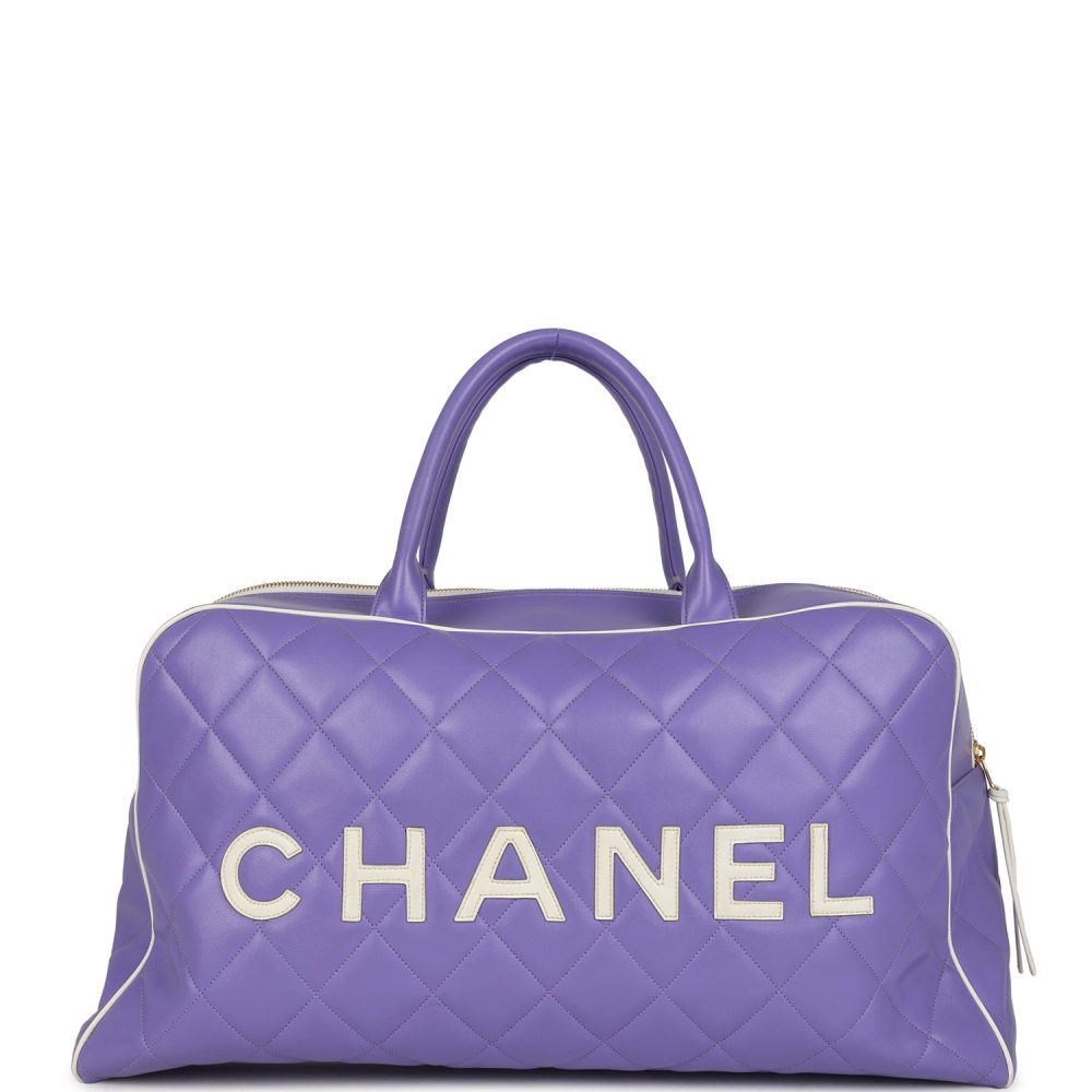 Vintage Chanel Large Logo Boston Bag Light Purple and White Lambskin Gold Hardware - Image 4