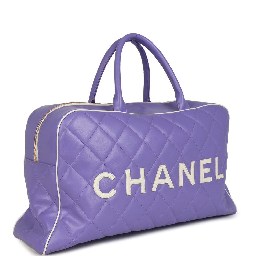 Vintage Chanel Large Logo Boston Bag Light Purple and White Lambskin Gold Hardware - Image 3