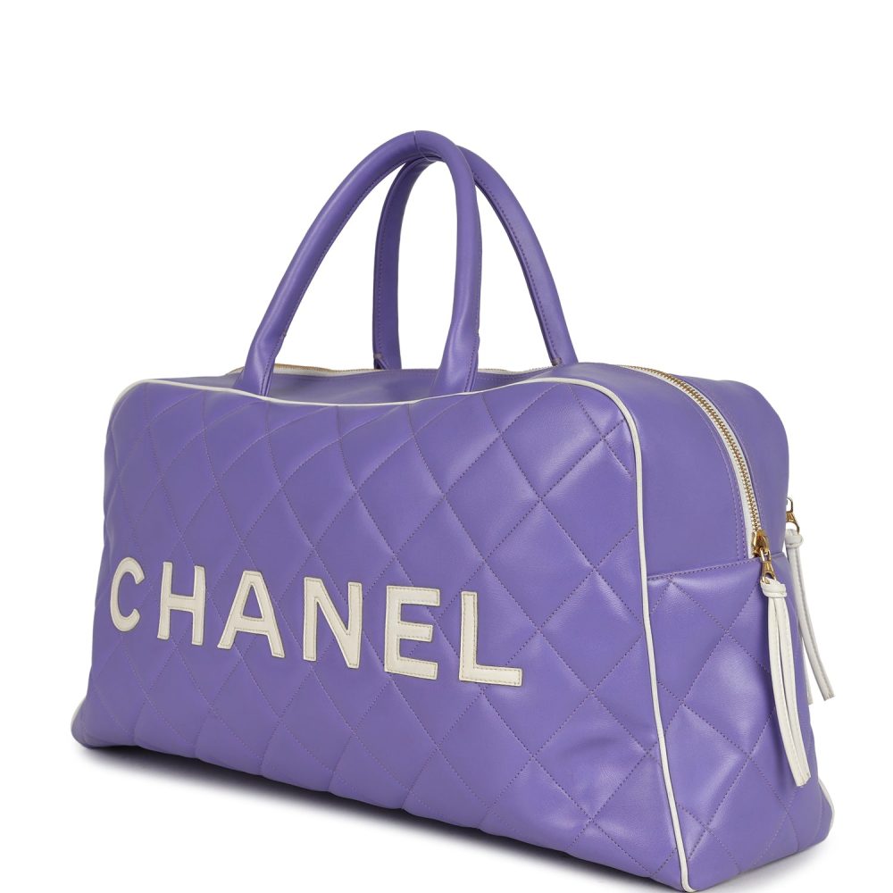 Vintage Chanel Large Logo Boston Bag Light Purple and White Lambskin Gold Hardware - Image 5