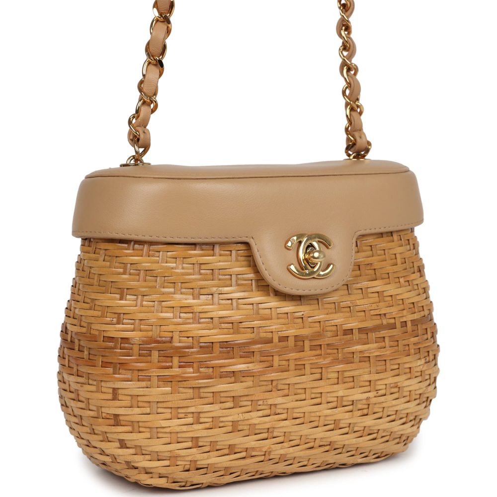 Vintage Chanel Basket Bag Beige Lambskin and Rattan Wicker Gold Hardware - Image 2