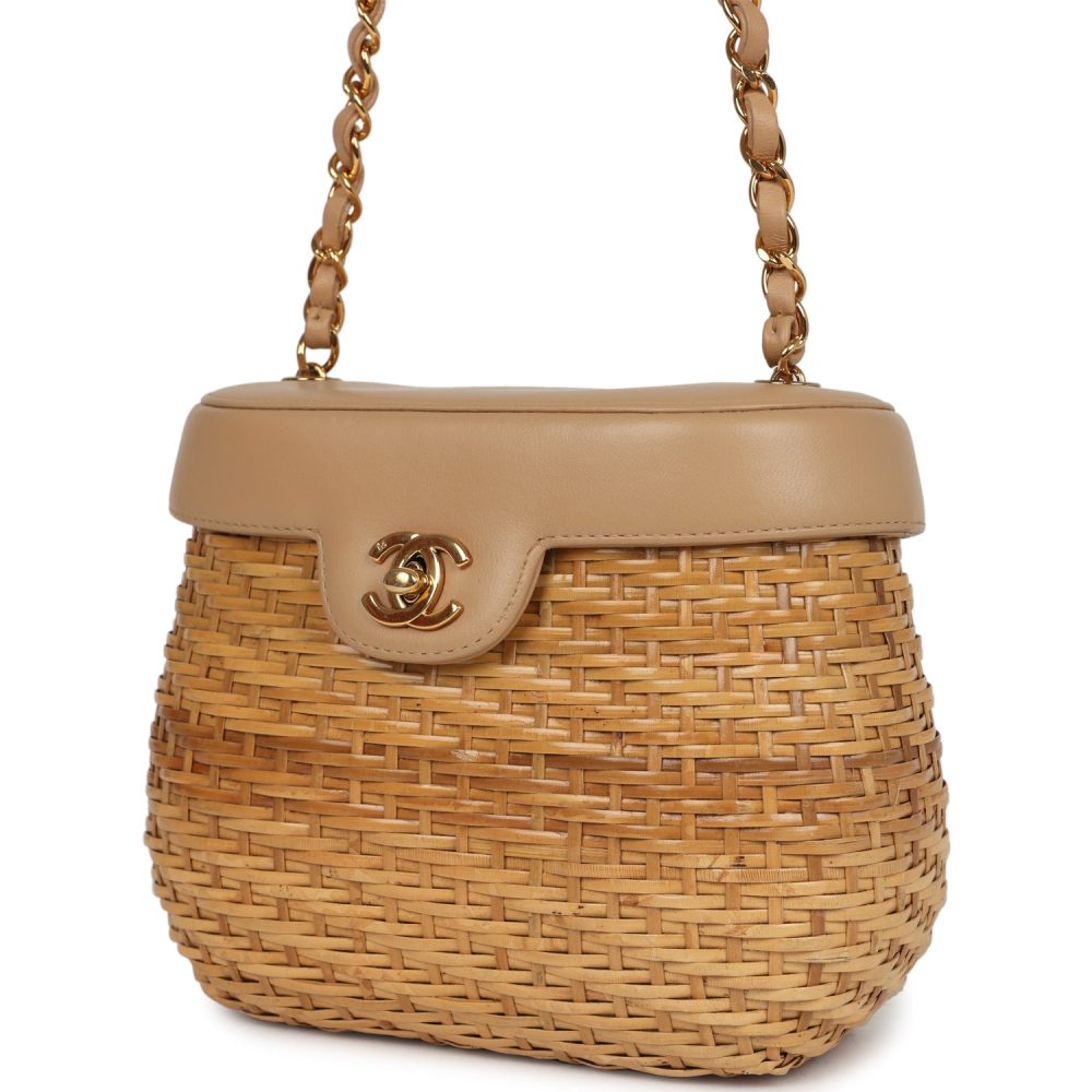 Vintage Chanel Basket Bag Beige Lambskin and Rattan Wicker Gold Hardware - Image 5