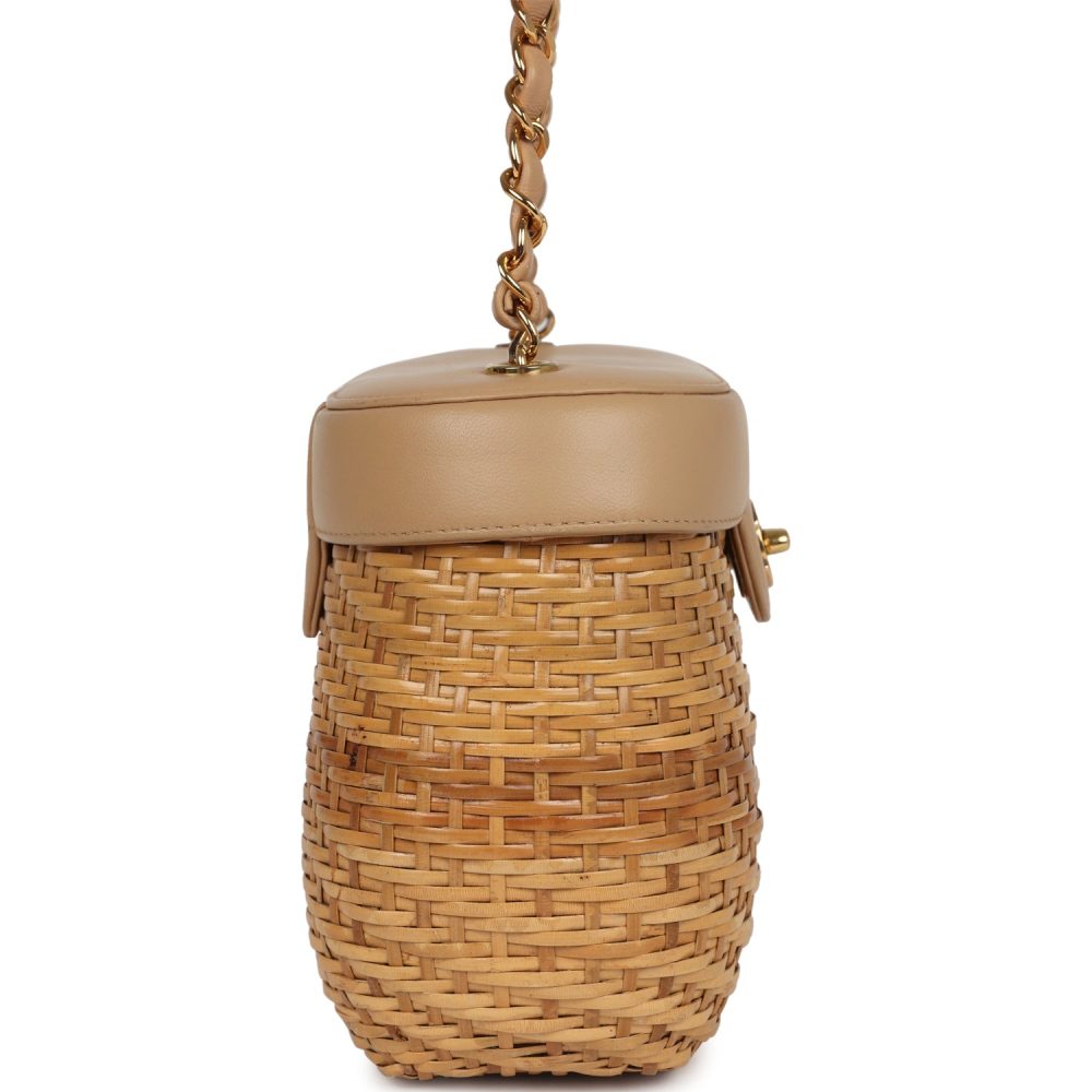 Vintage Chanel Basket Bag Beige Lambskin and Rattan Wicker Gold Hardware - Image 3