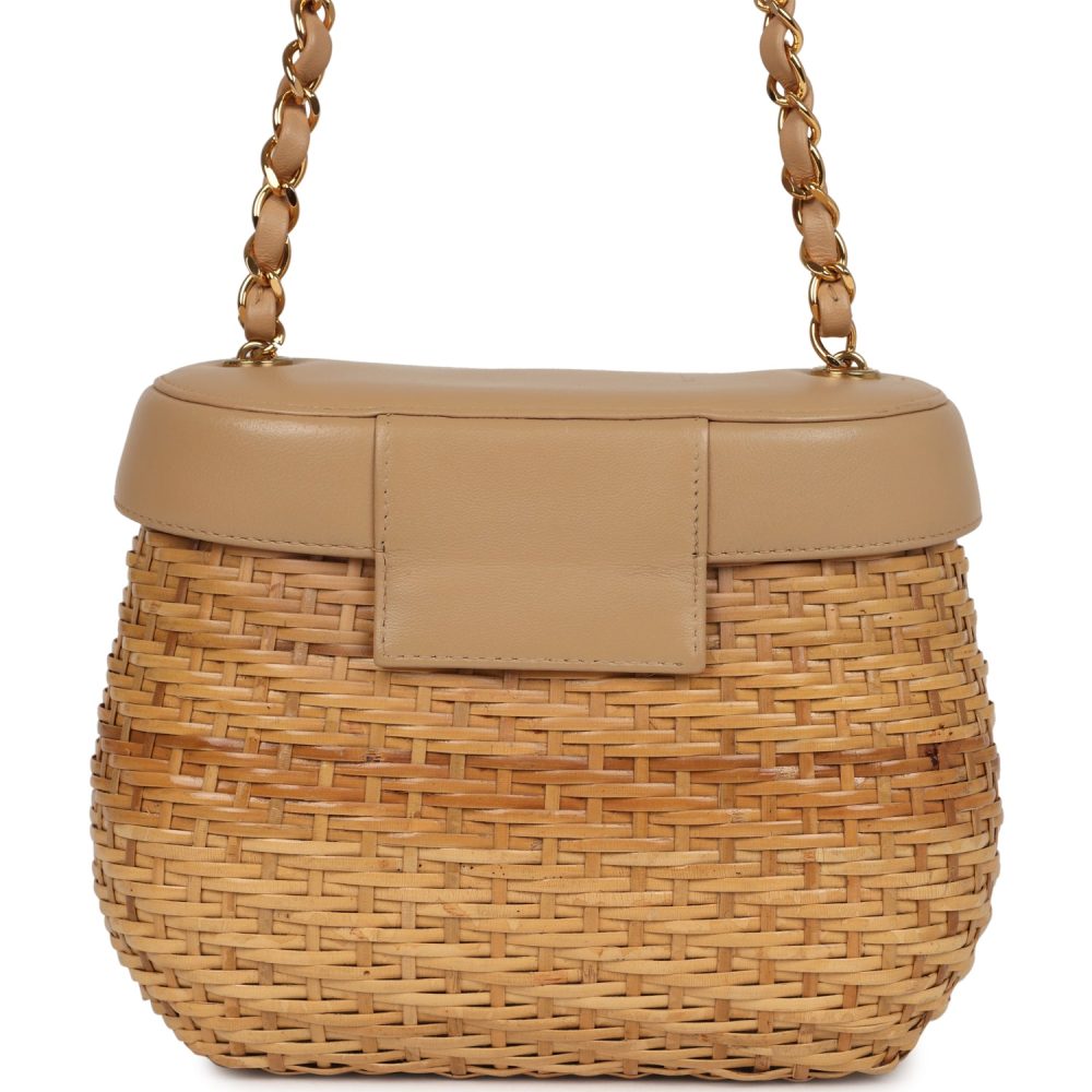 Vintage Chanel Basket Bag Beige Lambskin and Rattan Wicker Gold Hardware - Image 4