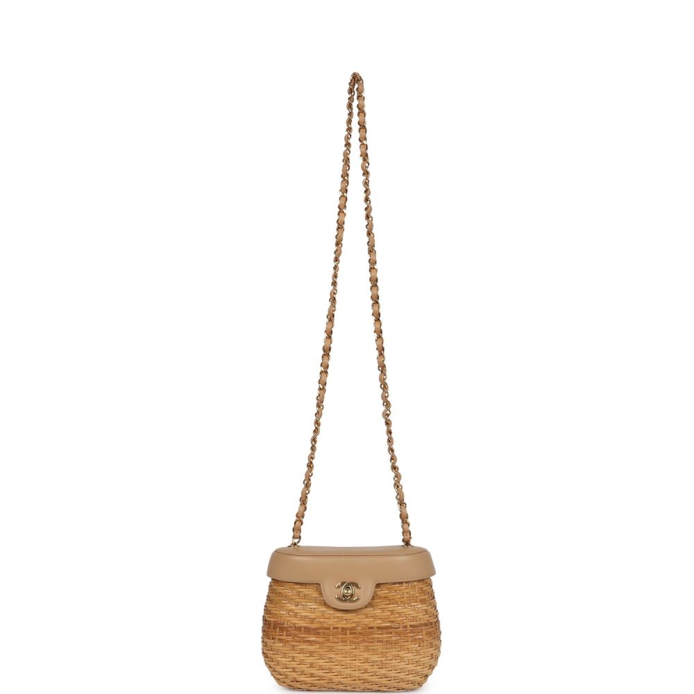 Vintage Chanel Basket Bag Beige Lambskin and Rattan Wicker Gold Hardware - Image 6
