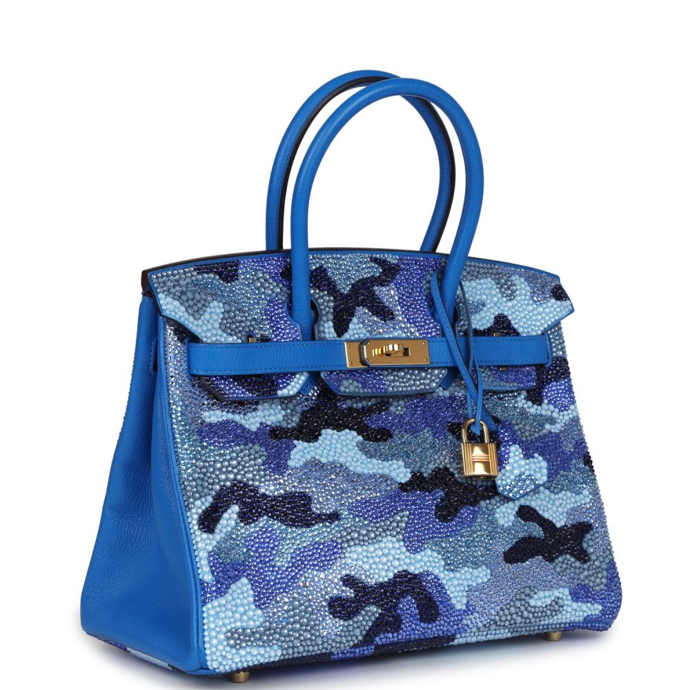 Custom Camouflage Swarovski Crystal Hermes Birkin 30 Bleu Hydra Chevre Gold Hardware - Image 2