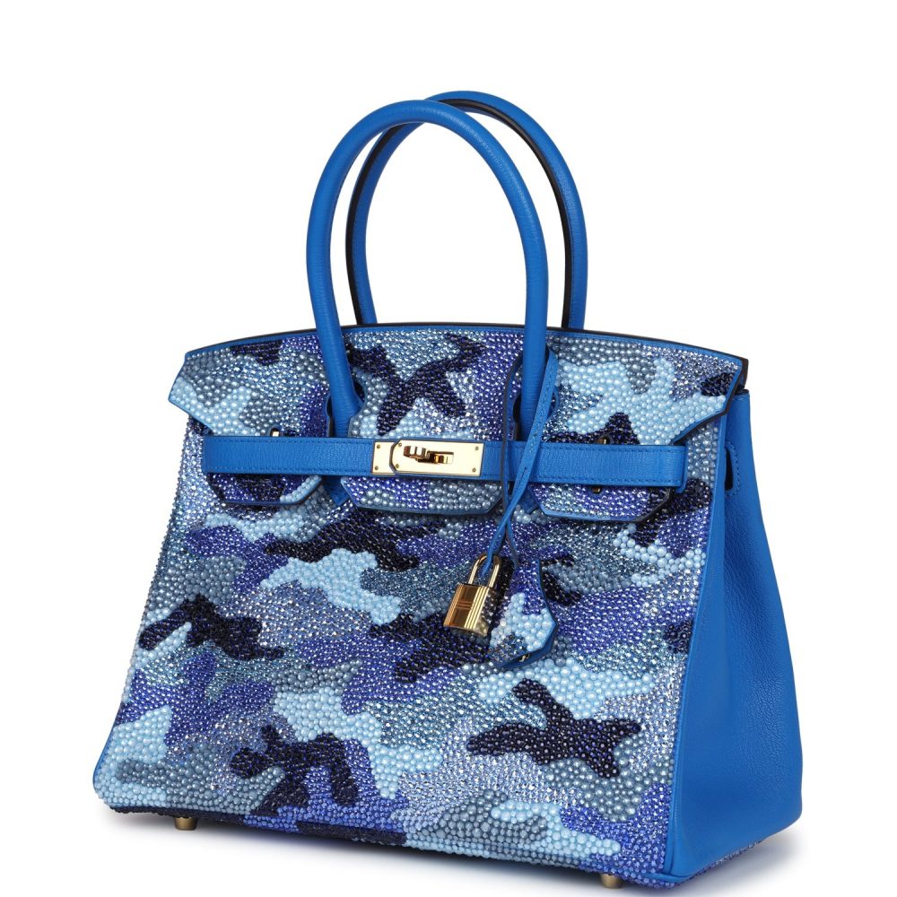 Custom Camouflage Swarovski Crystal Hermes Birkin 30 Bleu Hydra Chevre Gold Hardware - Image 5