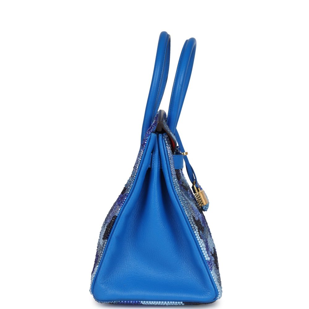 Custom Camouflage Swarovski Crystal Hermes Birkin 30 Bleu Hydra Chevre Gold Hardware - Image 3