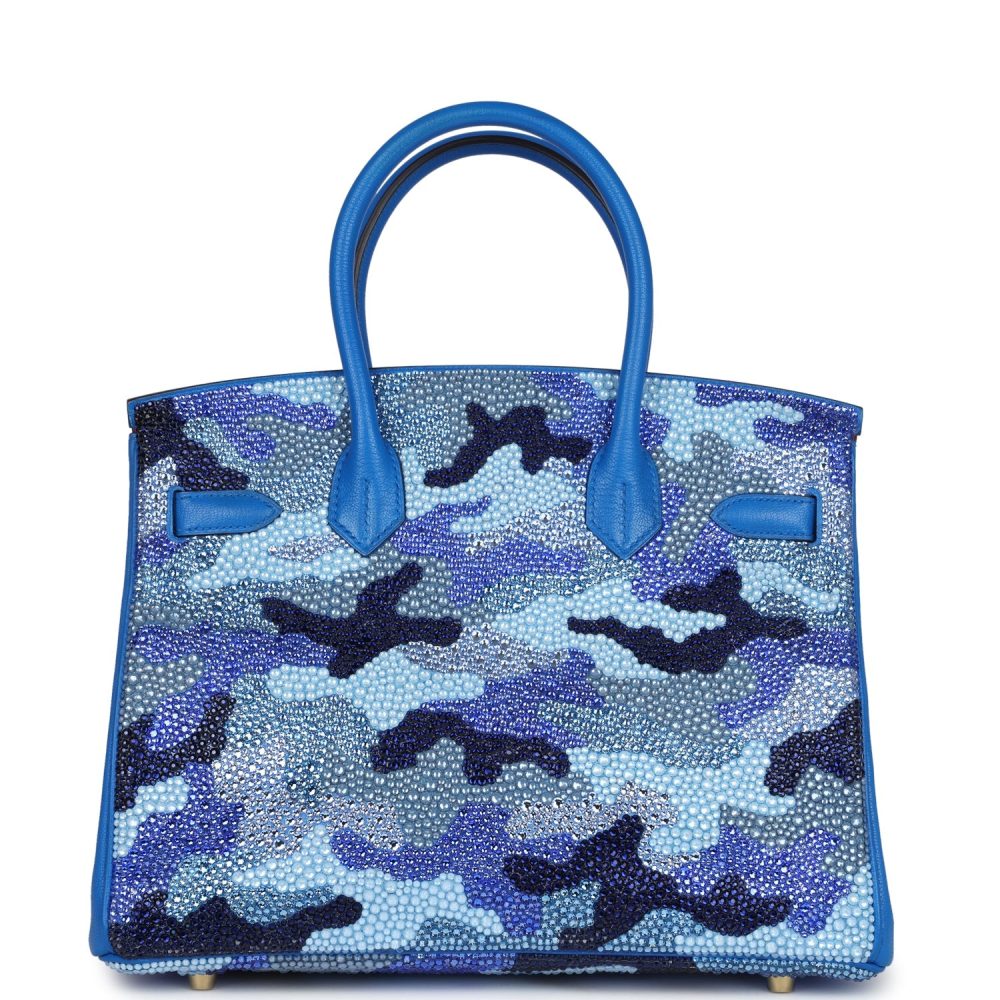 Custom Camouflage Swarovski Crystal Hermes Birkin 30 Bleu Hydra Chevre Gold Hardware - Image 4