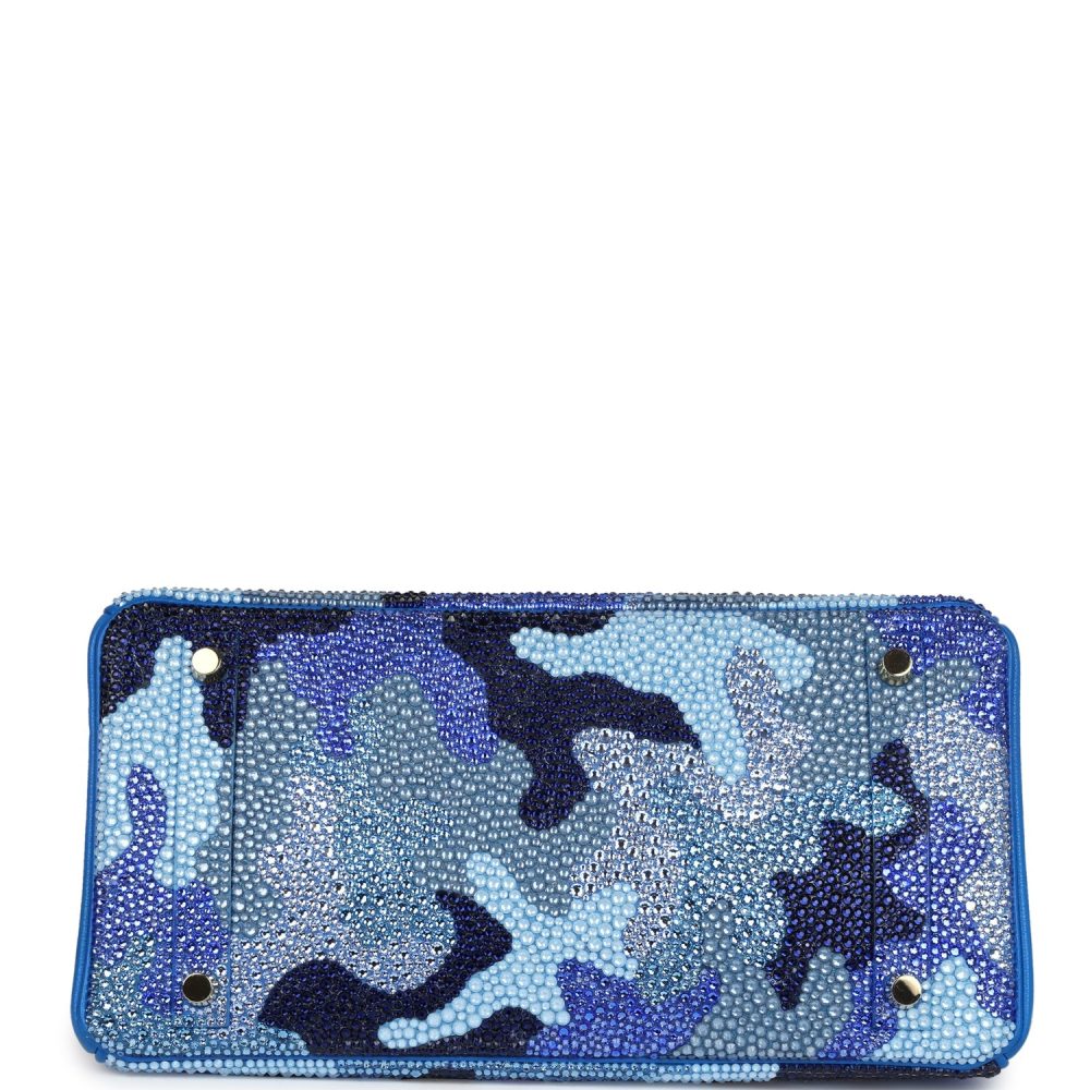 Custom Camouflage Swarovski Crystal Hermes Birkin 30 Bleu Hydra Chevre Gold Hardware - Image 6
