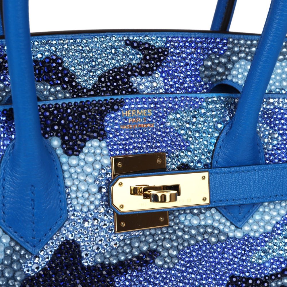 Custom Camouflage Swarovski Crystal Hermes Birkin 30 Bleu Hydra Chevre Gold Hardware - Image 7