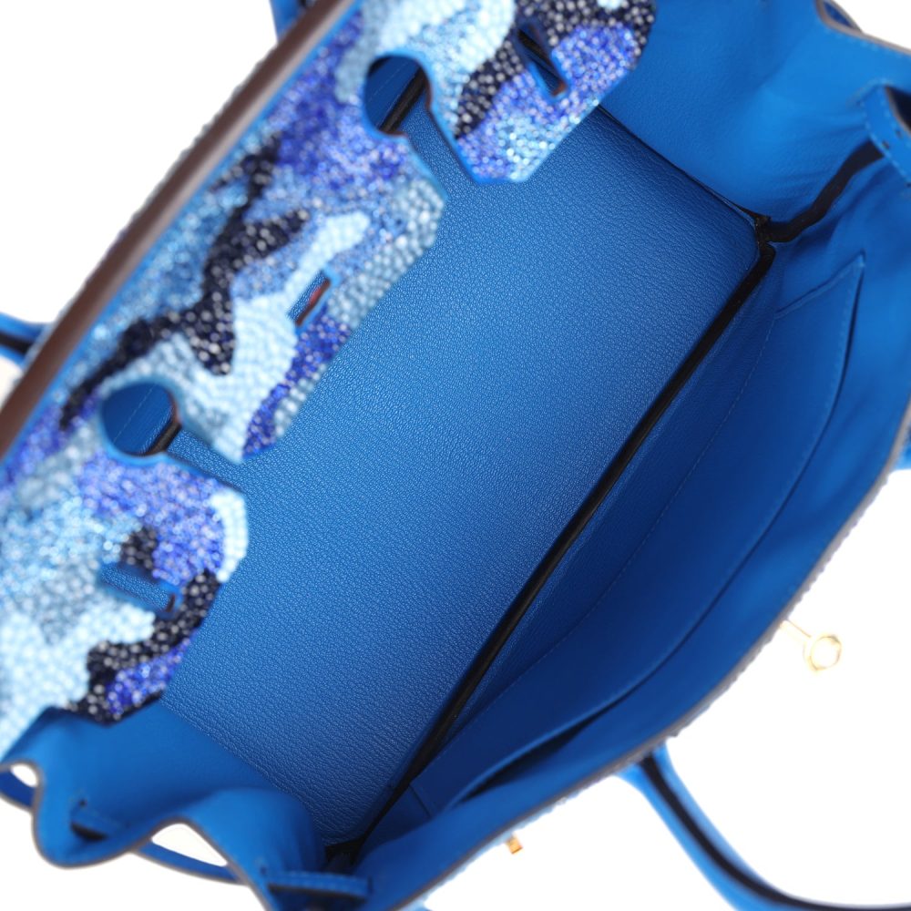 Custom Camouflage Swarovski Crystal Hermes Birkin 30 Bleu Hydra Chevre Gold Hardware - Image 8