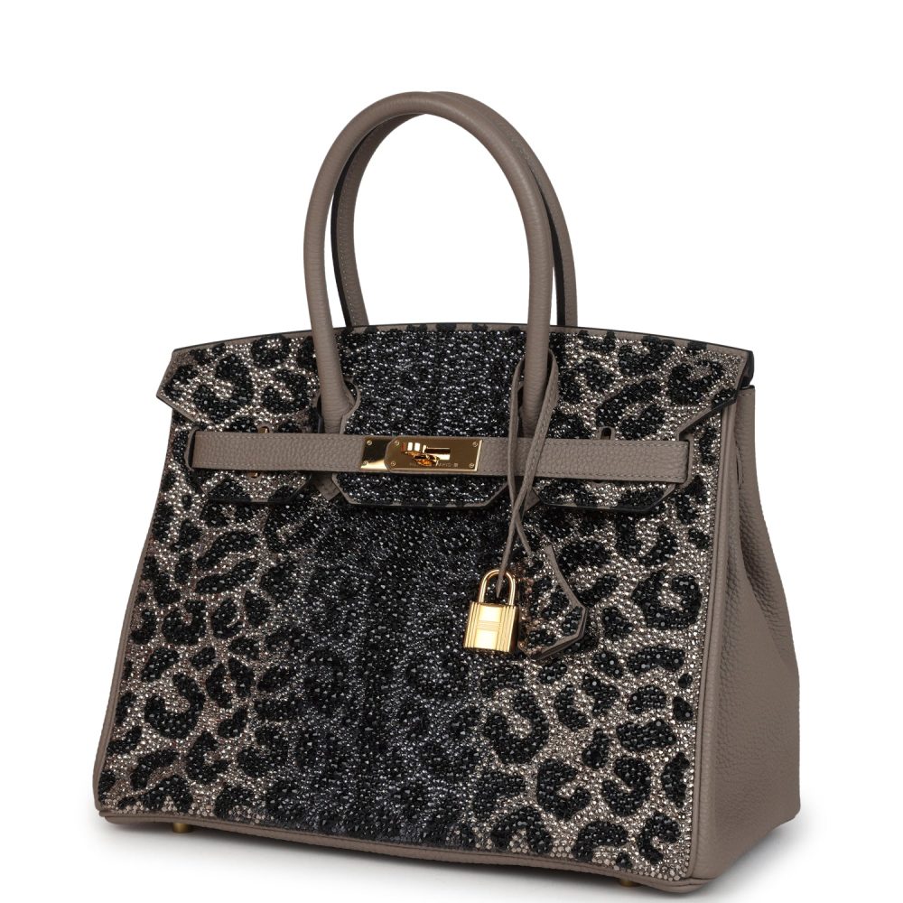 Custom Leopard Swarovski Crystal Hermes Birkin 30 Gris Asphalte Togo Gold Hardware - Image 3