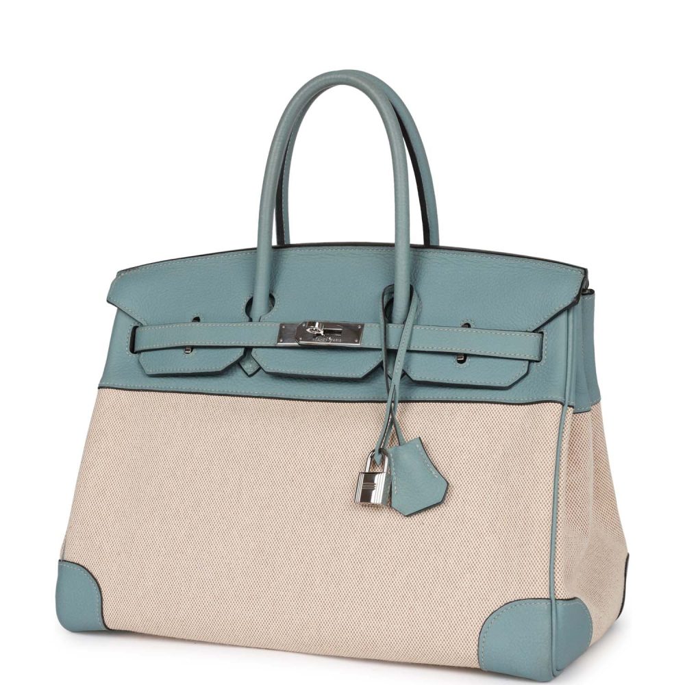 Pre-owned Hermes Birkin 35 Toile H and Ciel Clemence Palladium Hardware - Image 5