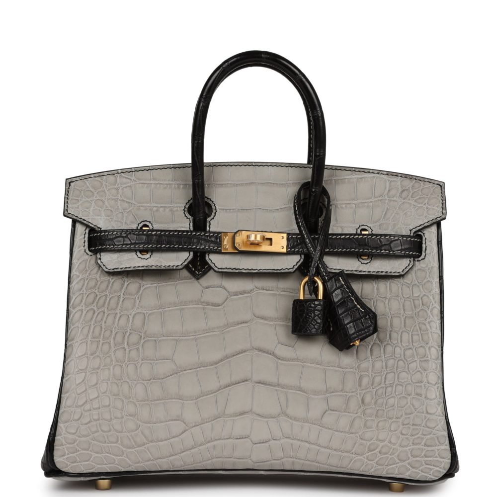 Hermes Special Order (HSS) Birkin 25 Gris Perle and Black Matte Alligator Mississippienis Brushed Gold Hardware