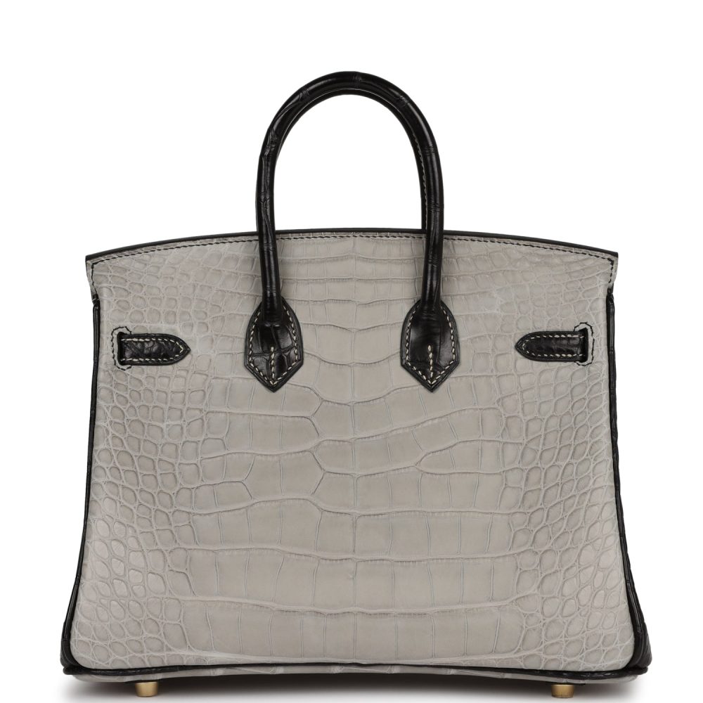 Hermes Special Order (HSS) Birkin 25 Gris Perle and Black Matte Alligator Mississippienis Brushed Gold Hardware - Image 4