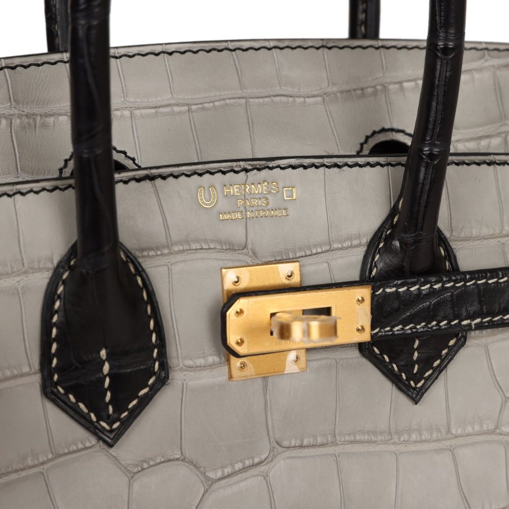 Hermes Special Order (HSS) Birkin 25 Gris Perle and Black Matte Alligator Mississippienis Brushed Gold Hardware - Image 7