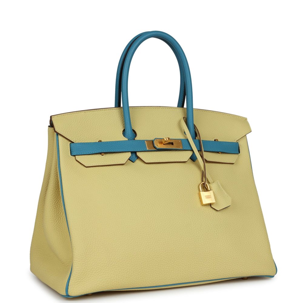 Pre-owned Hermes Special Order (HSS) Birkin 35 Jaune Poussin and Bleu Paradise Togo Brushed Gold Hardware - Image 2