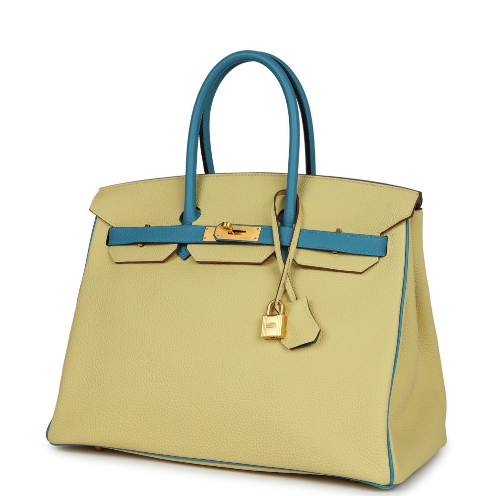 Pre-owned Hermes Special Order (HSS) Birkin 35 Jaune Poussin and Bleu Paradise Togo Brushed Gold Hardware - Image 5