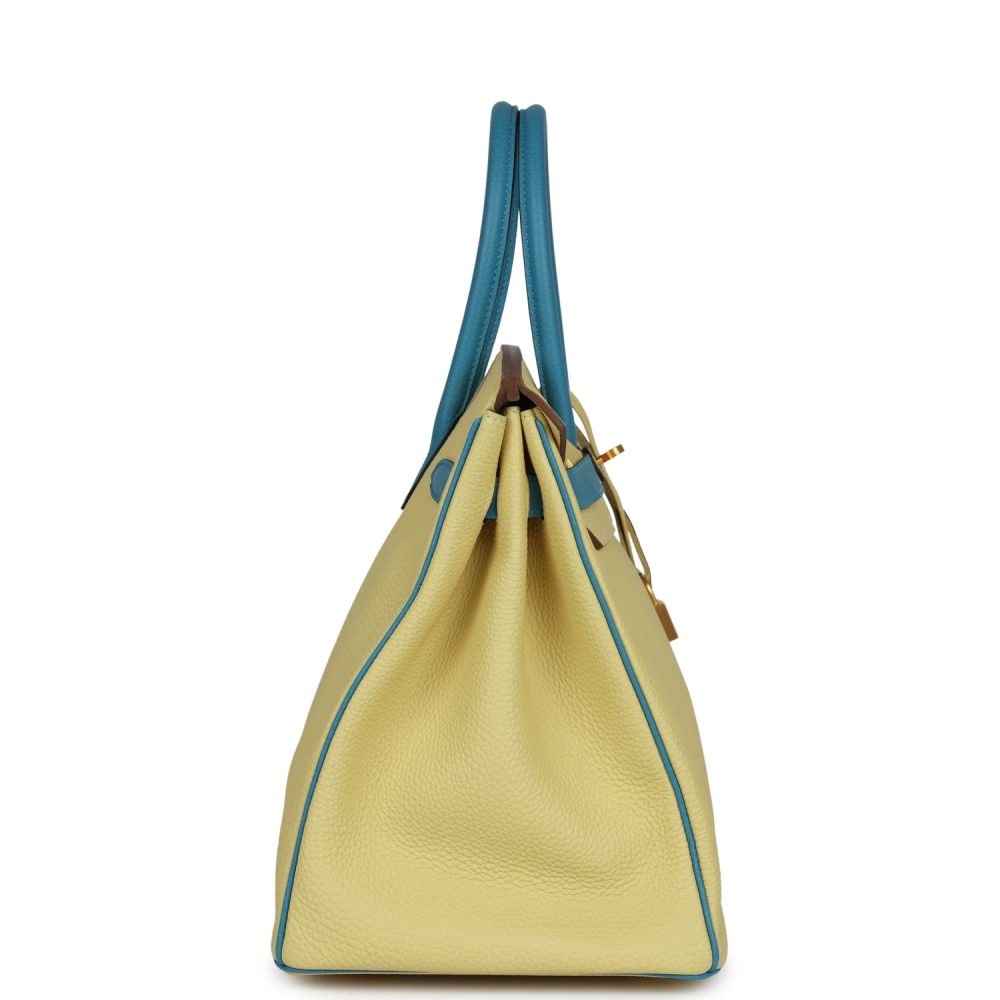 Pre-owned Hermes Special Order (HSS) Birkin 35 Jaune Poussin and Bleu Paradise Togo Brushed Gold Hardware - Image 3