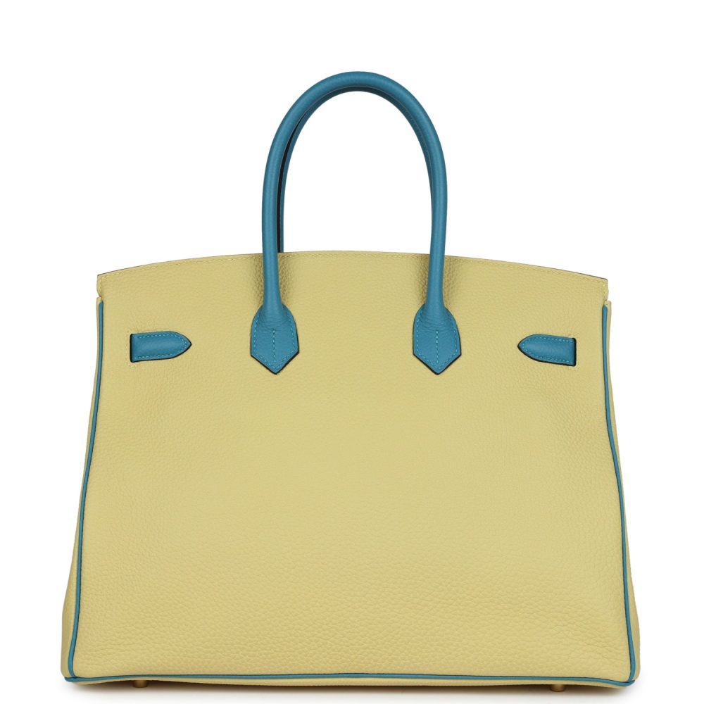 Pre-owned Hermes Special Order (HSS) Birkin 35 Jaune Poussin and Bleu Paradise Togo Brushed Gold Hardware - Image 4
