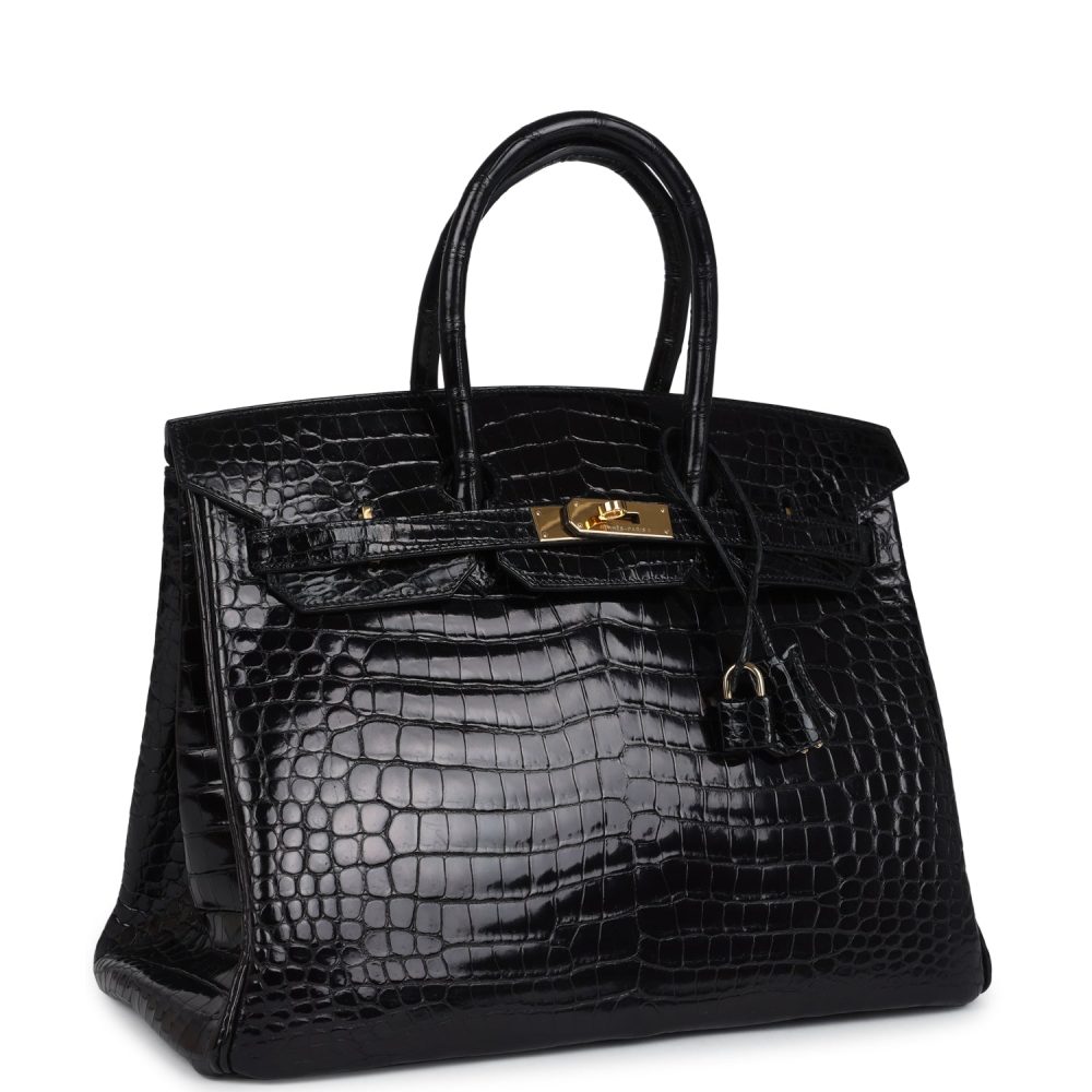 Vintage Hermes Birkin 35 Black Shiny Porosus Crocodile Gold Hardware - Image 2