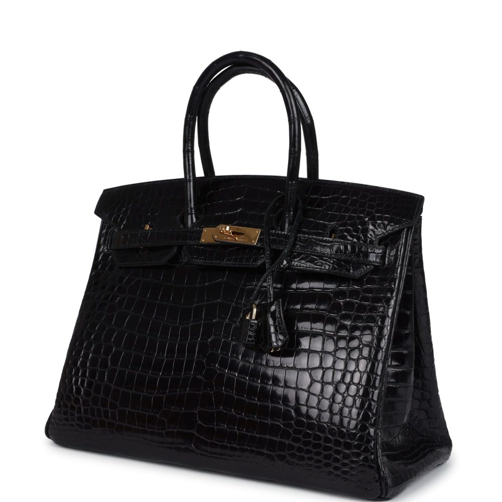 Vintage Hermes Birkin 35 Black Shiny Porosus Crocodile Gold Hardware - Image 5