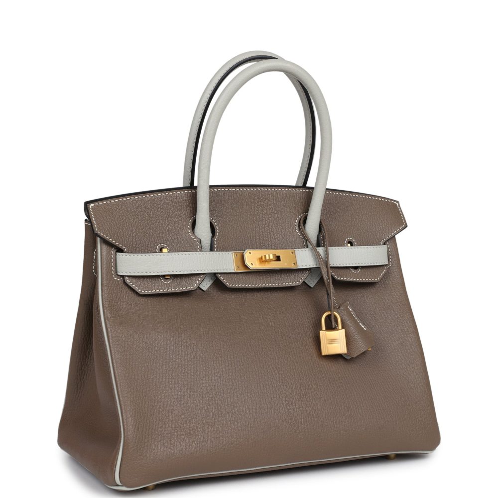 Pre-owned Hermes Special Order (HSS) Birkin 30 Etoupe and Gris Perle Chevre Brushed Gold Hardware - Image 2