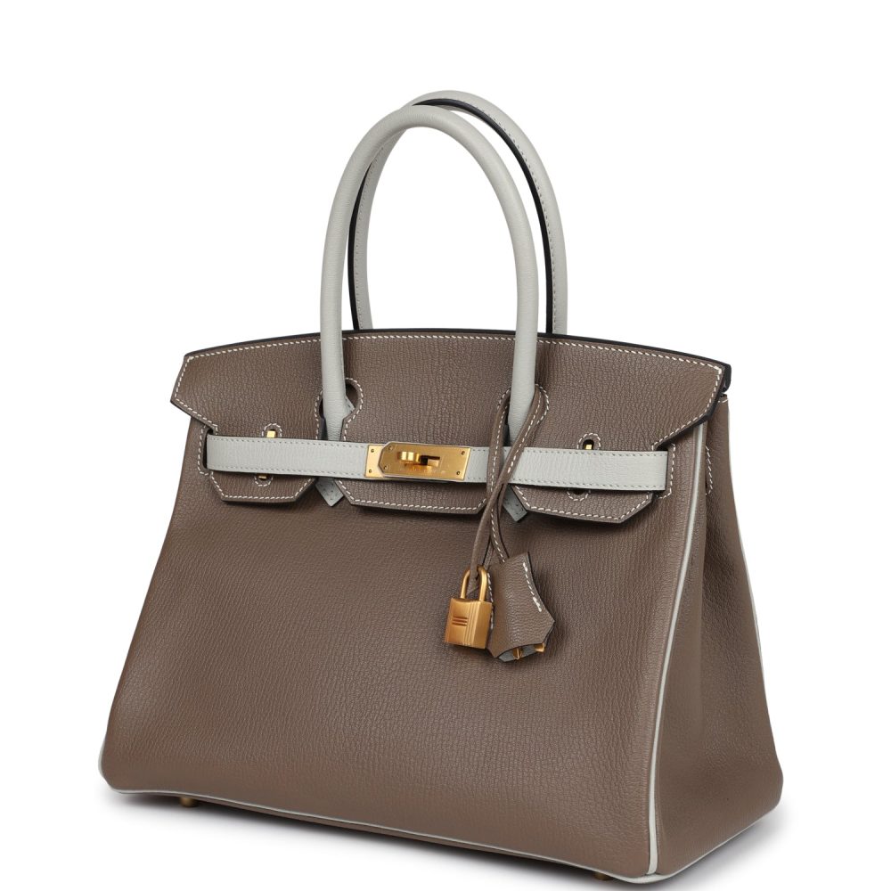 Pre-owned Hermes Special Order (HSS) Birkin 30 Etoupe and Gris Perle Chevre Brushed Gold Hardware - Image 5