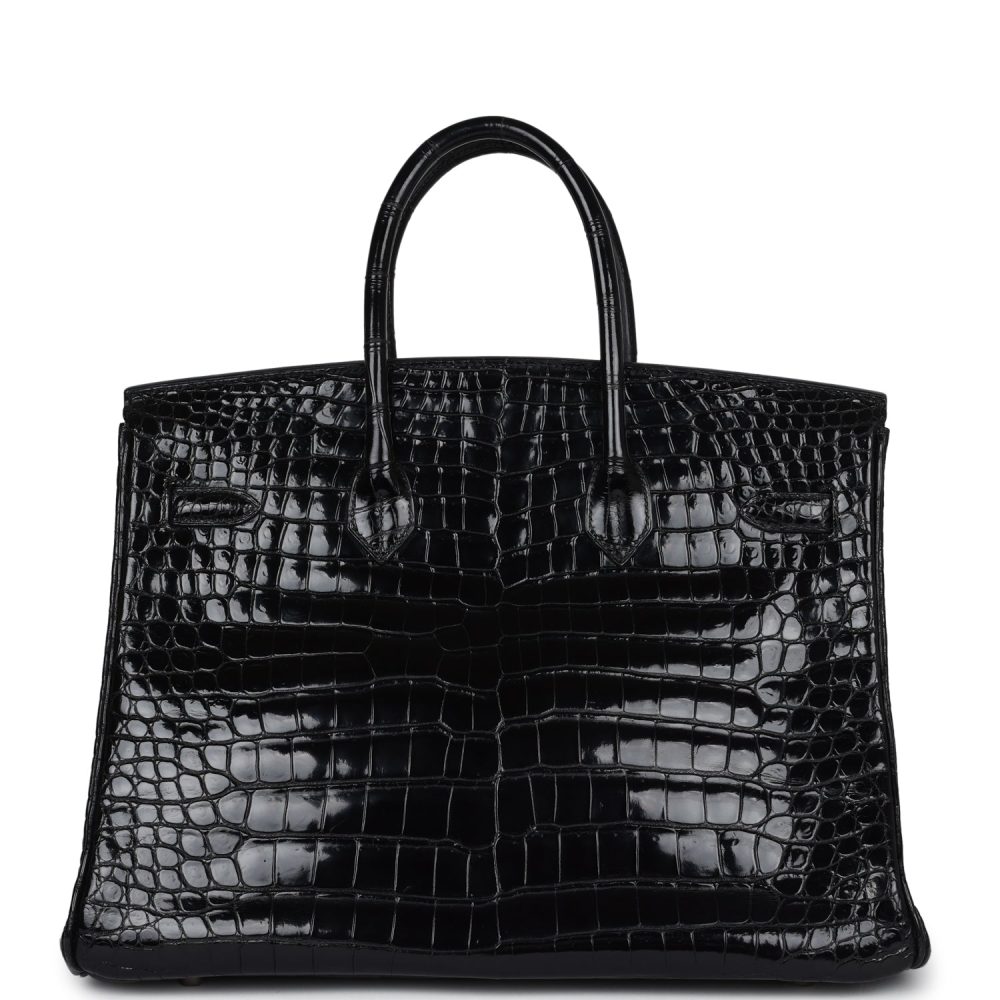 Vintage Hermes Birkin 35 Black Shiny Porosus Crocodile Palladium Hardware - Image 4