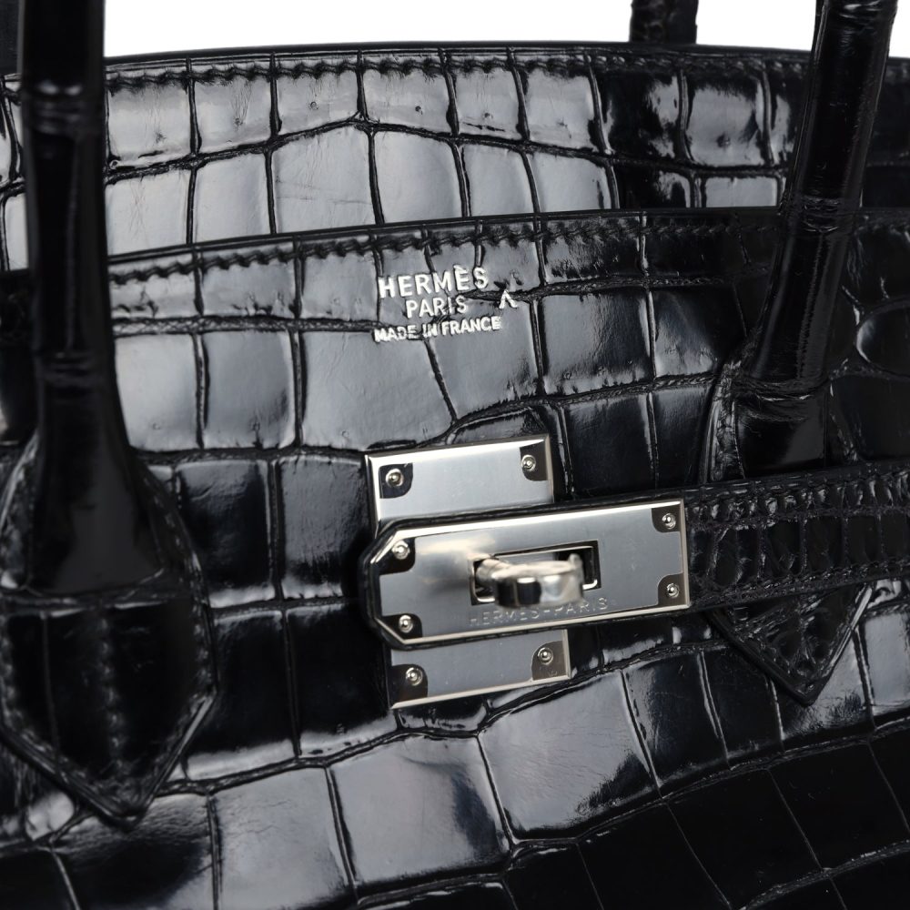 Vintage Hermes Birkin 35 Black Shiny Porosus Crocodile Palladium Hardware - Image 7