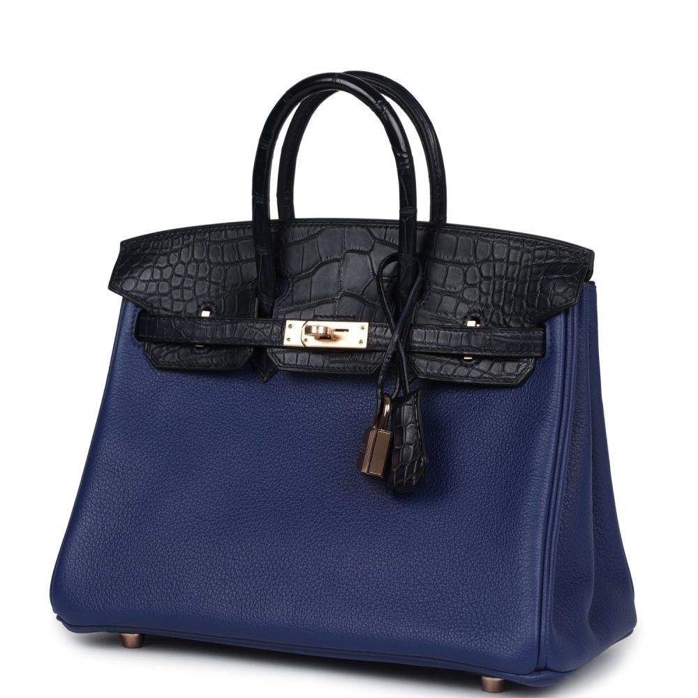 Hermes Birkin 25 Bleu Saphir Taurillion Novillo and Bleu Marine Matte Alligator Touch Rose Gold Hardware - Image 5