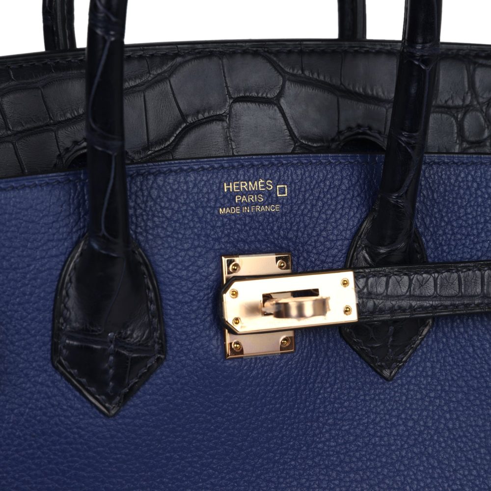 Hermes Birkin 25 Bleu Saphir Taurillion Novillo and Bleu Marine Matte Alligator Touch Rose Gold Hardware - Image 7