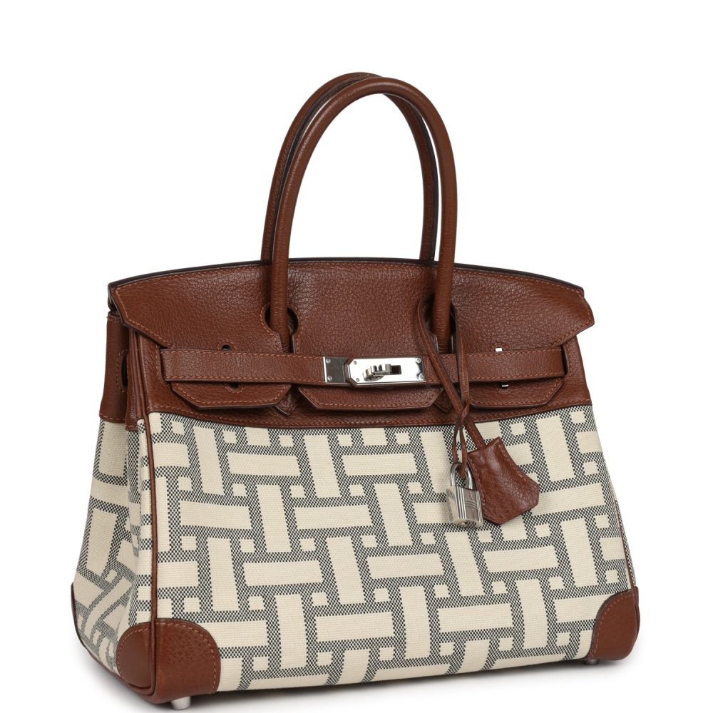 Pre-owned Hermes Birkin 30 Marron D'Inde Buffalo and Mosaique Canvas Palladium Hardware - Image 2