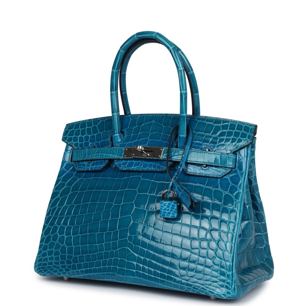 Pre-owned Hermes Birkin 30 Bleu Izmir Shiny Niloticus Crocodile Palladium Hardware - Image 5
