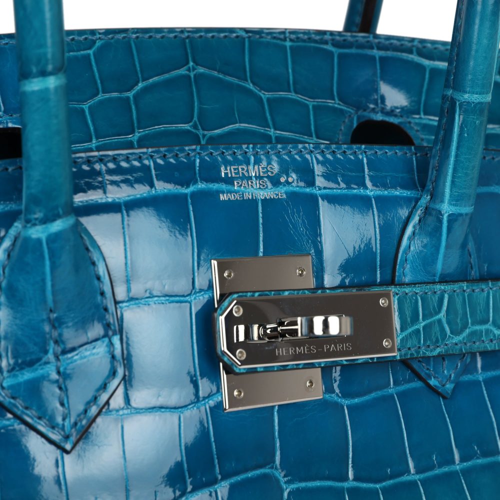 Pre-owned Hermes Birkin 30 Bleu Izmir Shiny Niloticus Crocodile Palladium Hardware - Image 7