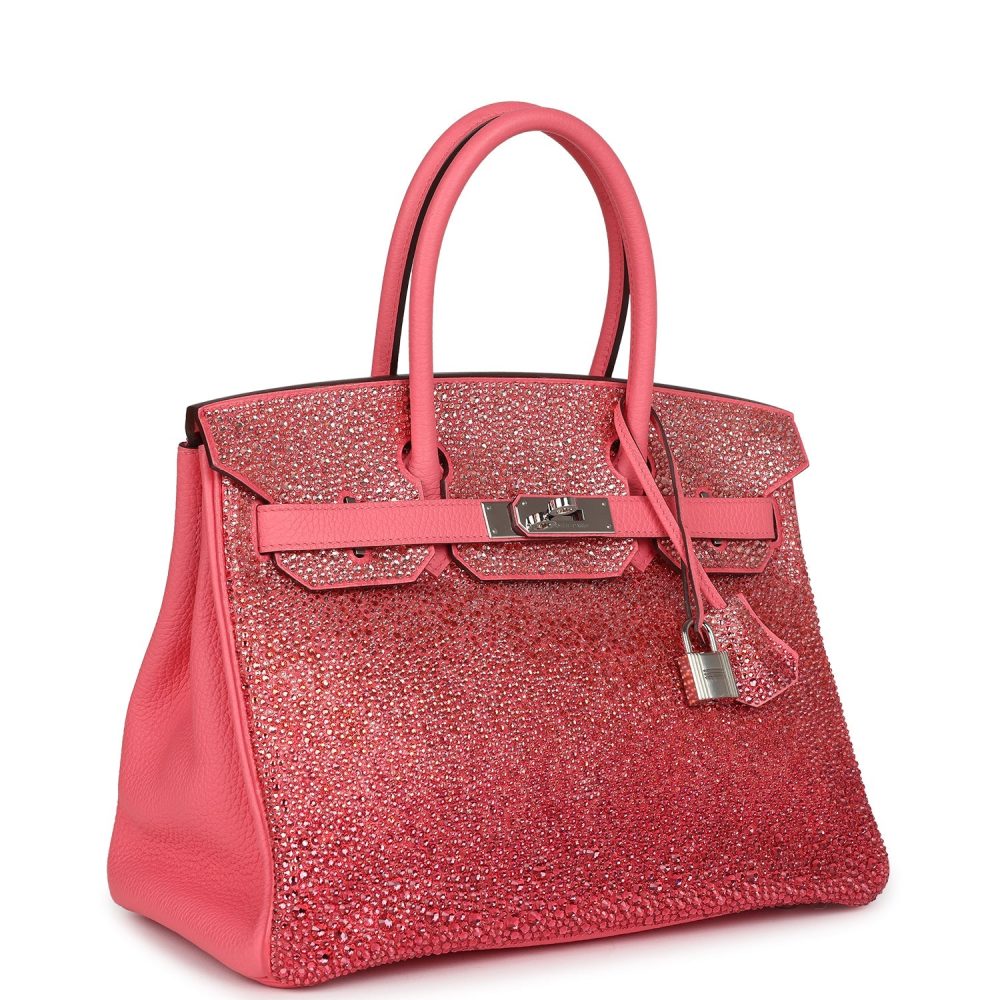 Custom Ombre Swarovski Crystal Hermes Birkin 30 Rose Azalee Clemence Palladium Hardware - Image 2