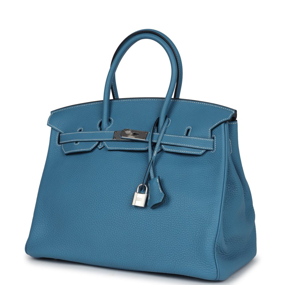 Pre-owned Hermes Birkin 35 Blue Jean Togo Palladium Hardware - Image 5