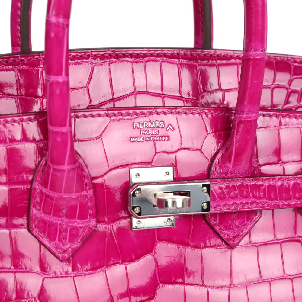 Hermes Birkin 25 Rose Sheherazade Shiny Porosus Crocodile Palladium Hardware - Image 7