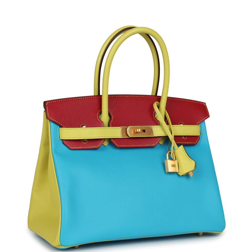 Hermes Special Order (HSS) Tri-color Birkin 30 Bleu Aztec, Soufre and Rouge Vif Chevre Brushed Gold Hardware - Image 2