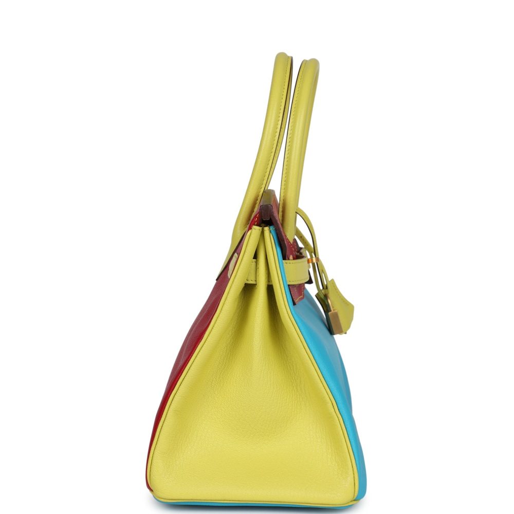 Hermes Special Order (HSS) Tri-color Birkin 30 Bleu Aztec, Soufre and Rouge Vif Chevre Brushed Gold Hardware - Image 3