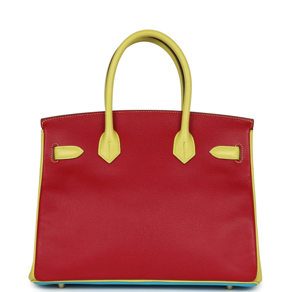 Hermes Special Order (HSS) Tri-color Birkin 30 Bleu Aztec, Soufre and Rouge Vif Chevre Brushed Gold Hardware - Image 4