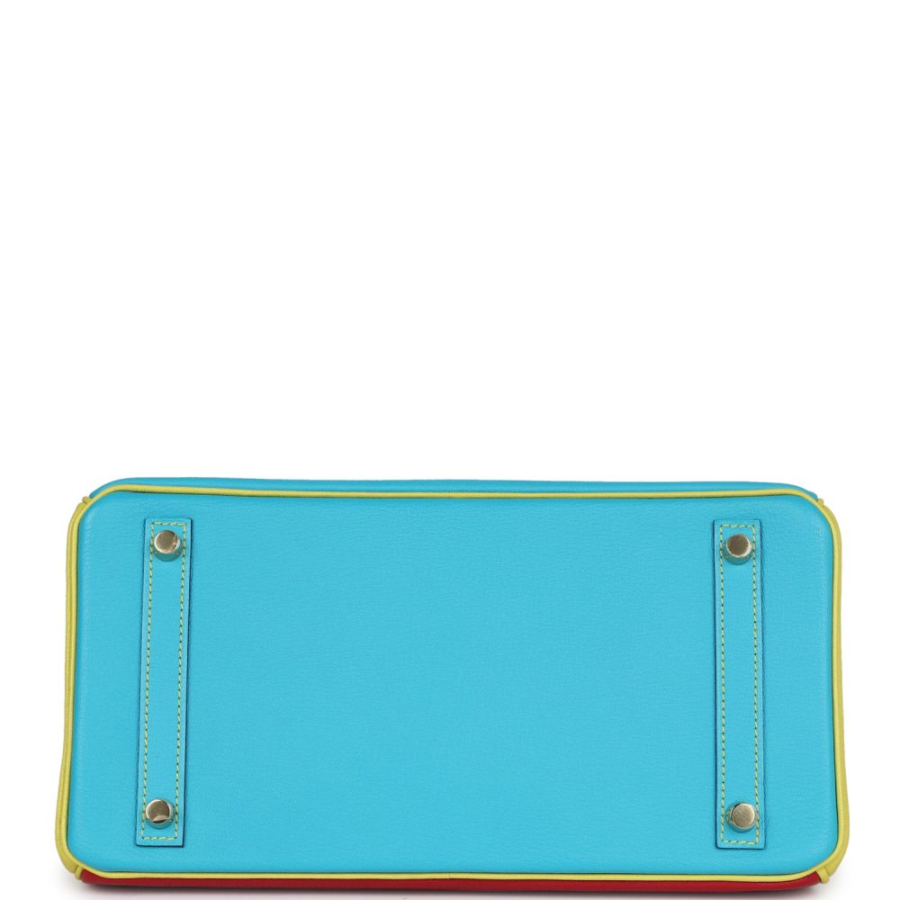 Hermes Special Order (HSS) Tri-color Birkin 30 Bleu Aztec, Soufre and Rouge Vif Chevre Brushed Gold Hardware - Image 6