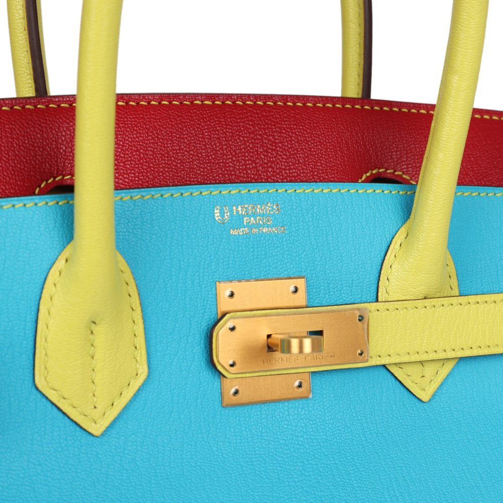 Hermes Special Order (HSS) Tri-color Birkin 30 Bleu Aztec, Soufre and Rouge Vif Chevre Brushed Gold Hardware - Image 7