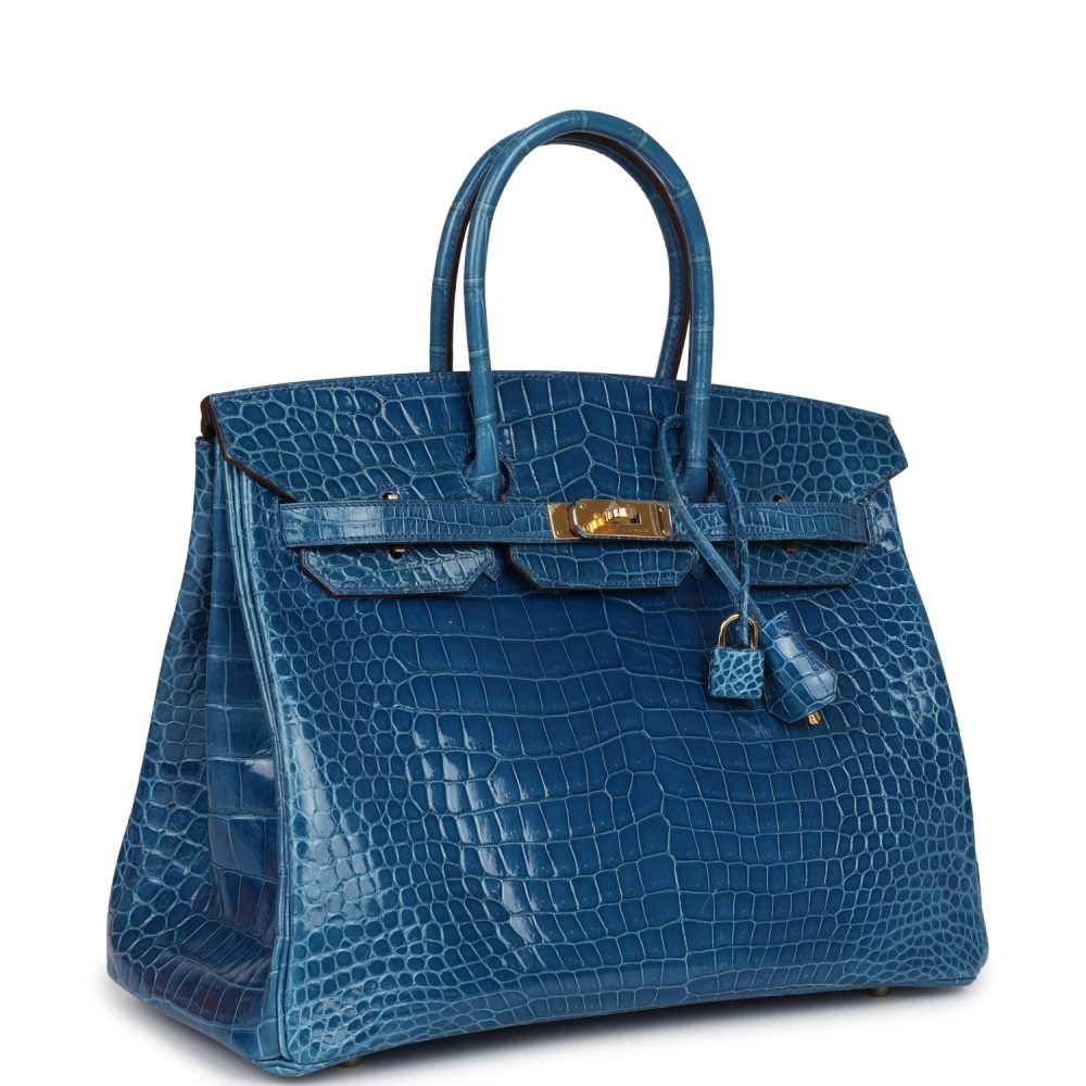 Pre-owned Hermes Birkin 35 Bleu Mykonos Shiny Porosus Crocodile Gold Hardware - Image 2