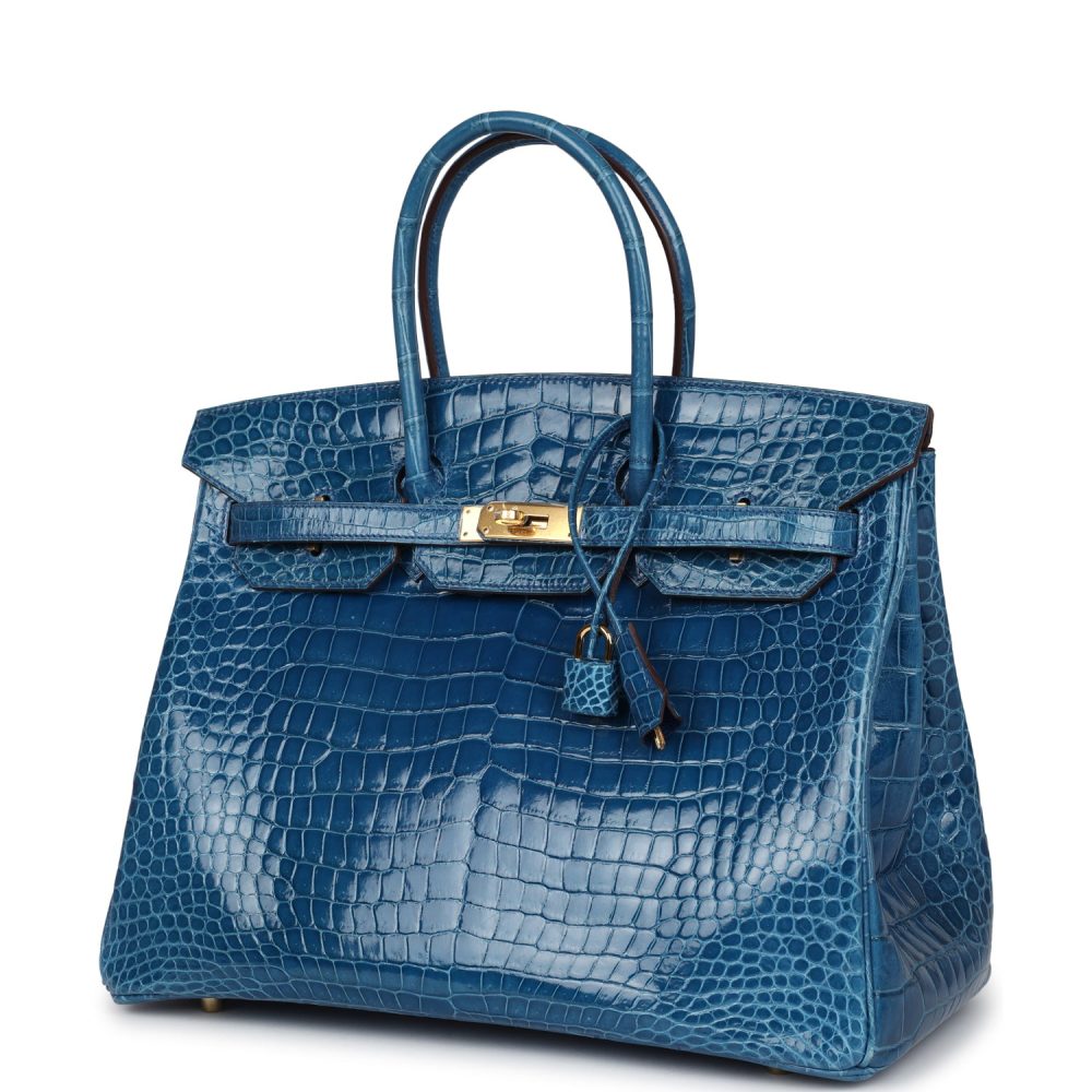 Pre-owned Hermes Birkin 35 Bleu Mykonos Shiny Porosus Crocodile Gold Hardware - Image 5