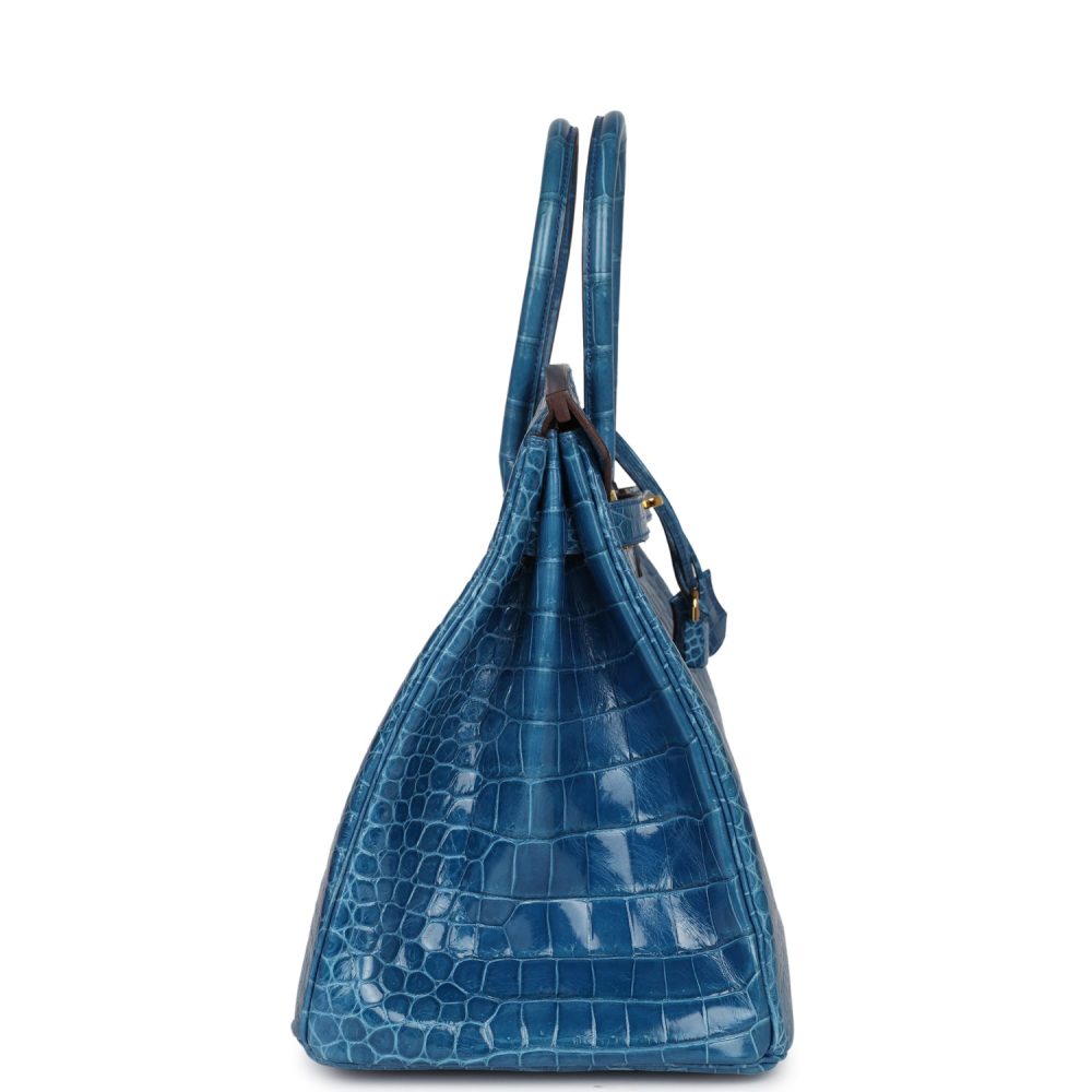 Pre-owned Hermes Birkin 35 Bleu Mykonos Shiny Porosus Crocodile Gold Hardware - Image 3